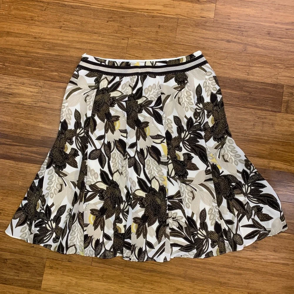 Ann Taylor Silk Floral Pleated Midi Skirt Women Size 10 Brown White‎ Yellow